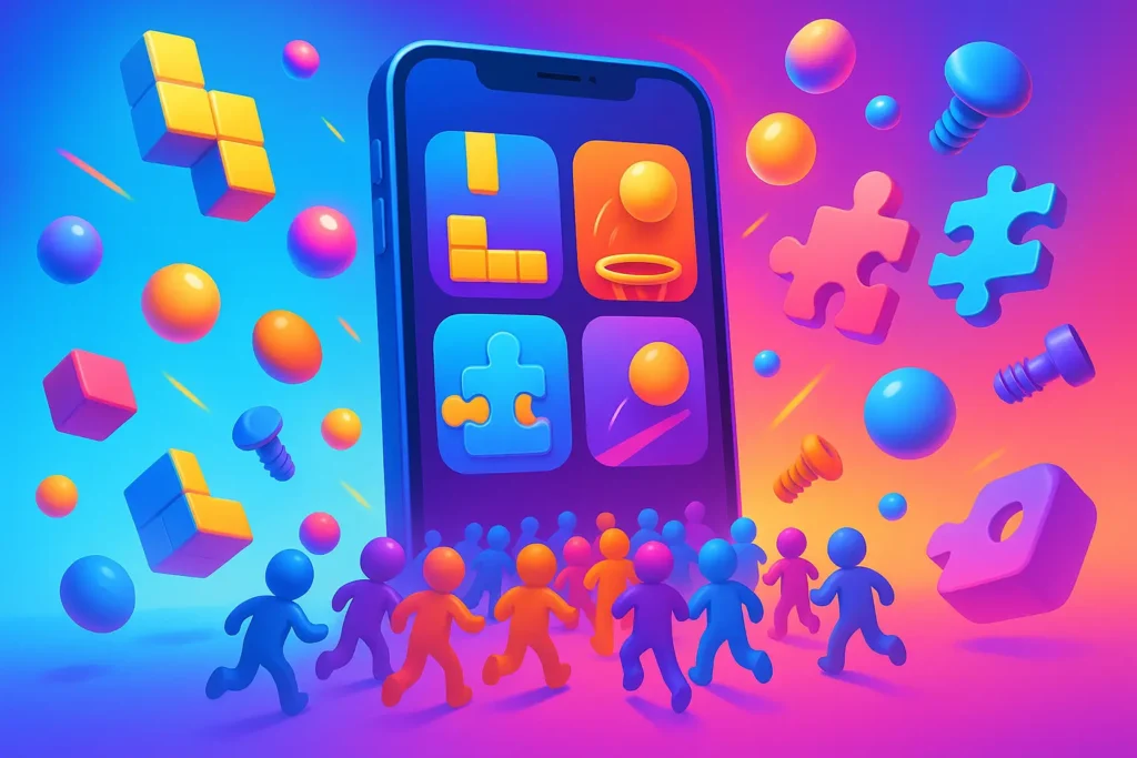 Feature image showing colorful mobile gaming elements representing the top 5 hyper casual games going viral in 2025.