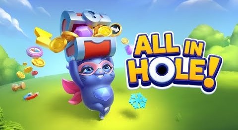 All In Hole, a hyper casual game, features a character carrying a treasure chest with coins and keys in a colourful cartoon landscape.