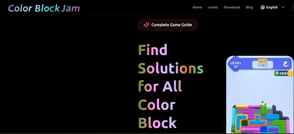 Color Block Jam homepage showcasing a colorful block puzzle from popular hyper casual games on mobile.