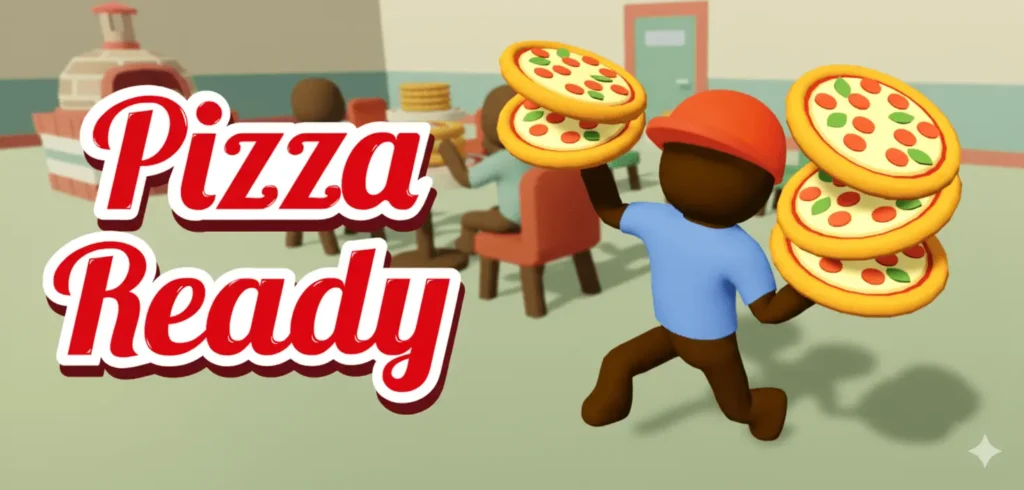 Cartoon-style game cover for Pizza Ready showing a character carrying multiple pizzas with text 'Pizza Ready' in bold red letters.