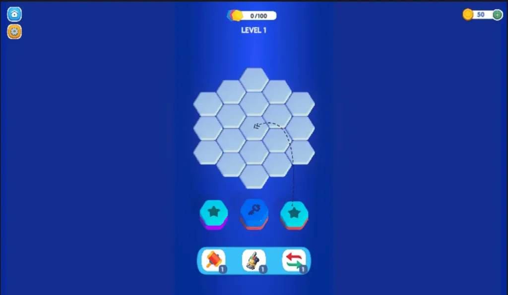 Hexa puzzle game screenshot showing a hexagon grid with empty tiles, Level 1 indicator at the top, and three hexagonal pieces with icons at the bottom for placement.