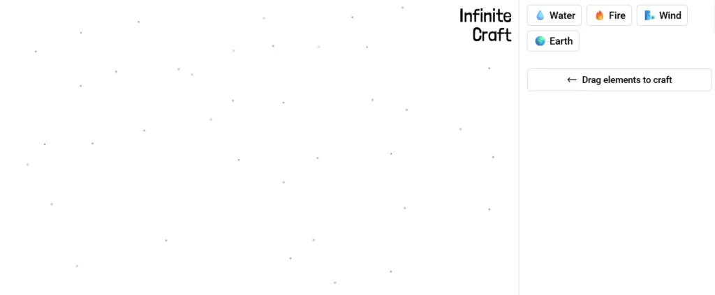 Screenshot of the Infinite Craft game interface showing starting elements Water, Fire, Wind, and Earth with a drag-and-drop crafting area."