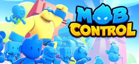 Mob Control game promotional image showing a large yellow character raising a fist surrounded by smaller blue characters with the game title 'Mob Control' in bold letters.