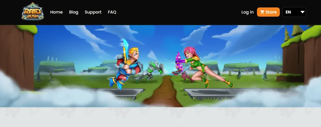 Raid Rush hyper casual tower defense game characters battling with swords and bows in a colorful fantasy landscape.