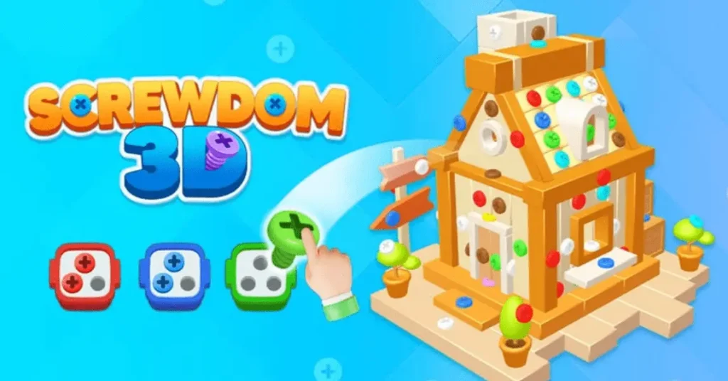 Screwdom 3D hyper casual puzzle game showing colorful screws being placed on a wooden house model.