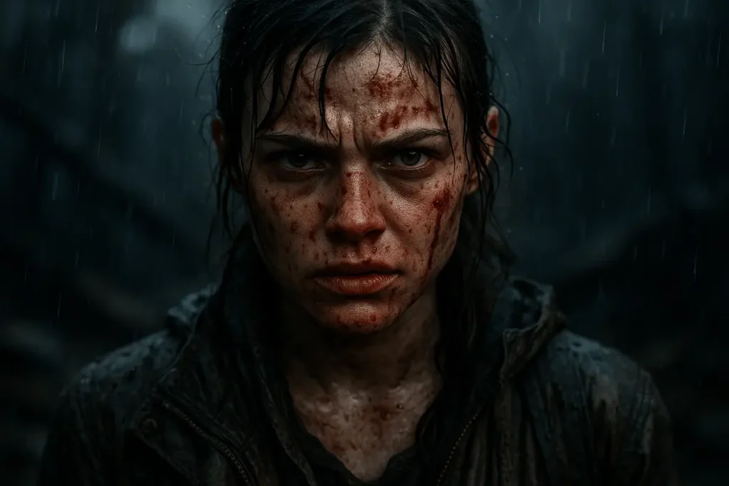 A gritty, cinematic close-up of a young woman survivor with blood and dirt on her face, staring intensely amid a dark post-apocalyptic setting. The image captures raw emotion, realism, and storytelling depth, inspired by story-driven games like The Last of Us Part II.
