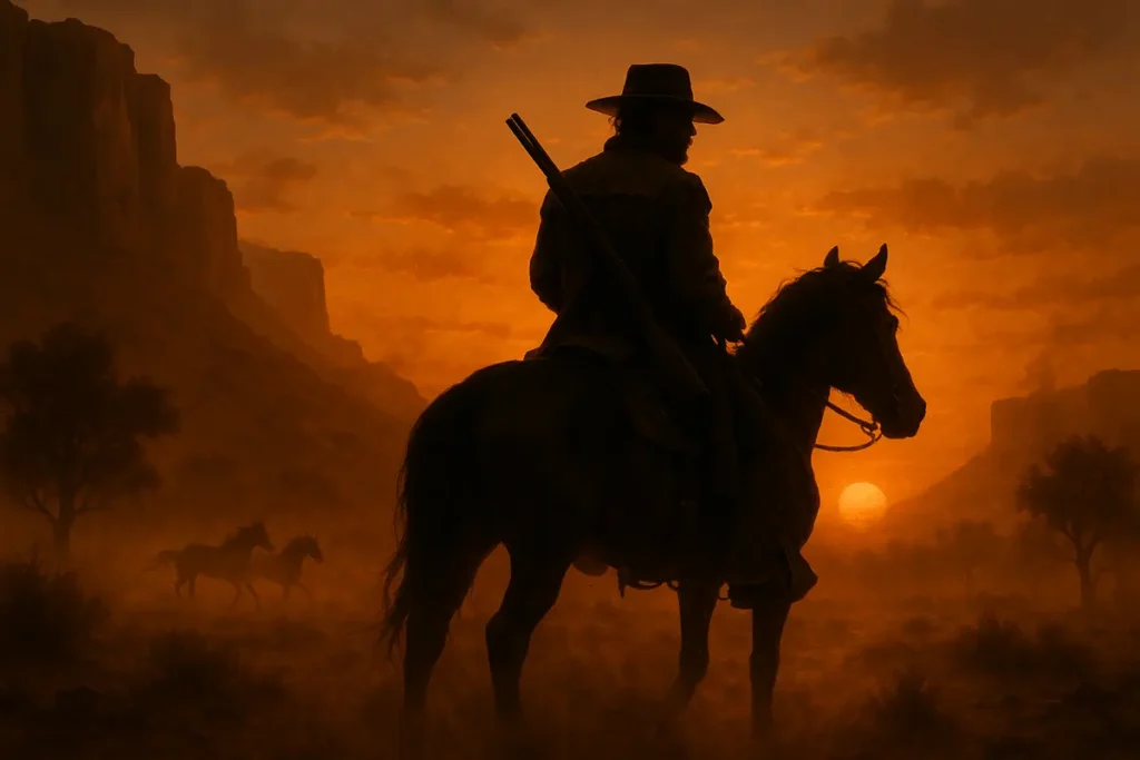 A cinematic scene of a cowboy riding his horse into the sunset across the American frontier, symbolizing the emotional storytelling and beauty of Red Dead Redemption 2.