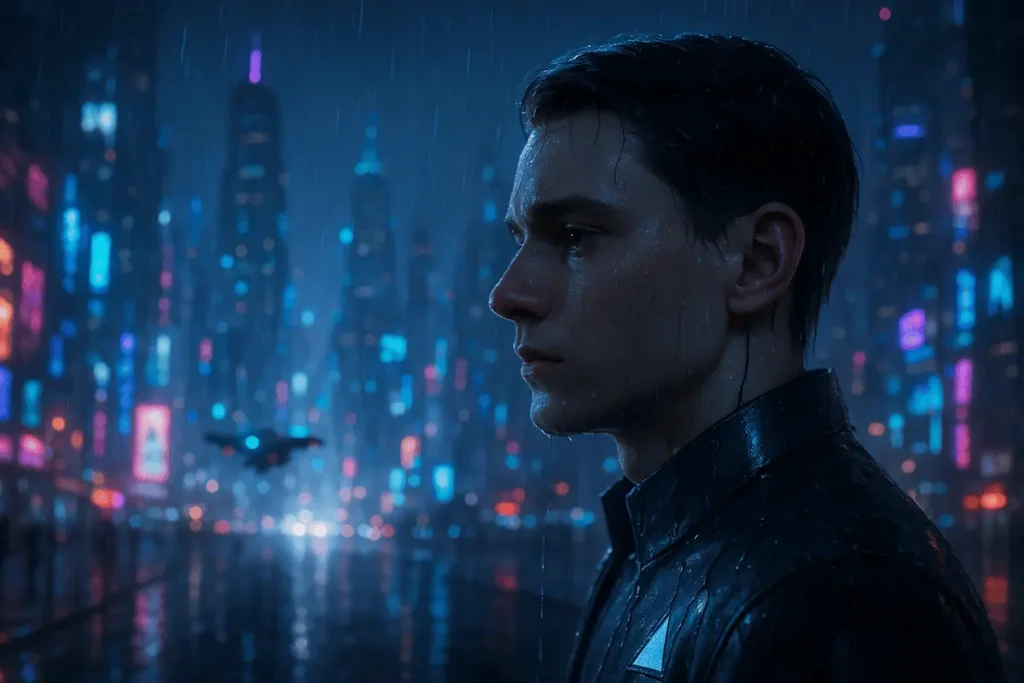 A realistic android standing in a neon-lit futuristic city under the rain, symbolizing emotion, morality, and AI consciousness inspired by Detroit: Become Human’s storytelling.