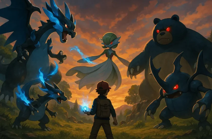 Pokémon Legends Z-A trainer holding a Mega Stone with Alpha Pokémon in the wild, featuring Mega Evolution and epic battle scene.